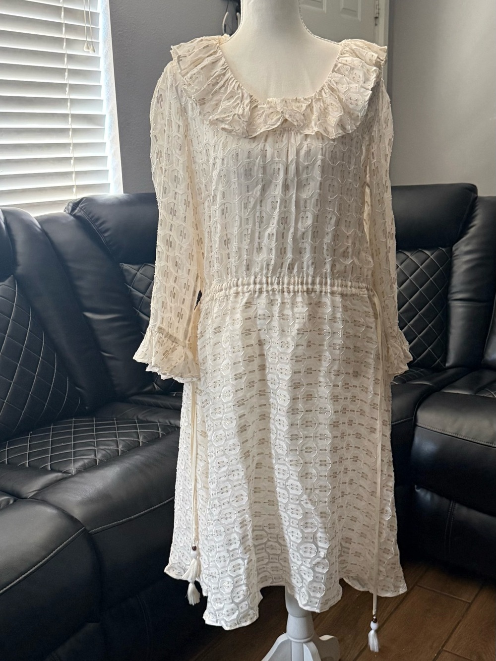 Romantic Ruffle-Neck Long Sleeve Dress in Cream